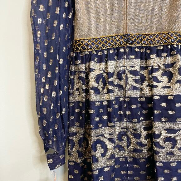 Vintage 1980s Act 2 Blue Gold Mesh Metallic Dress Size 8 Dress - Picture 7 of 14